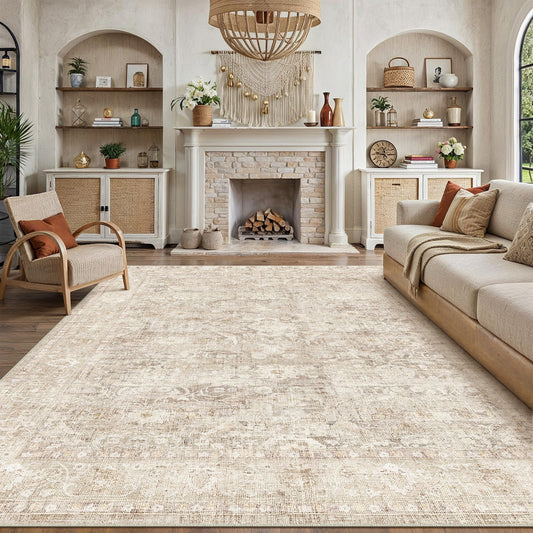 WondRg 8x10 Beige Washable Area Rug for Living Room Bedroom Neutral Soft Non Slip Rug Low Pile Vintage Distressed Carpet for Dining Room Nursery Office Indoor