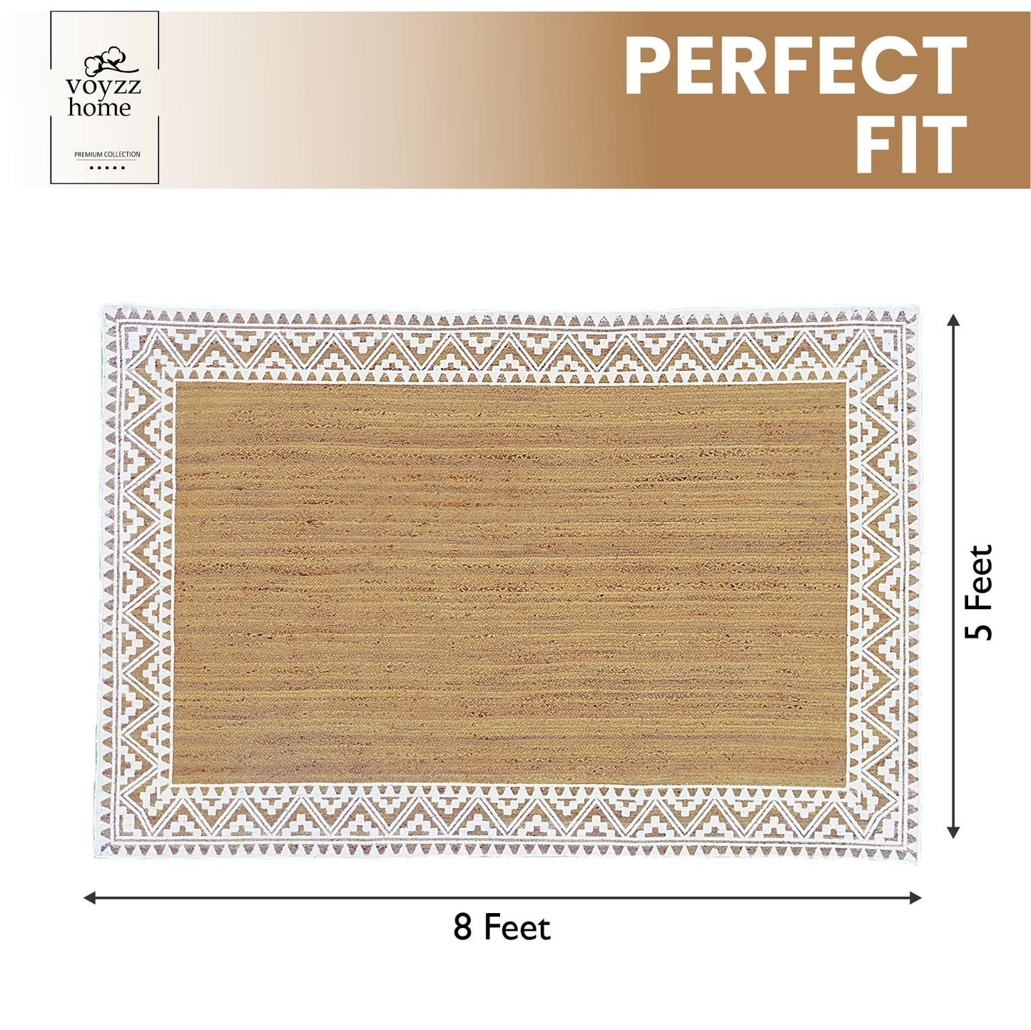 voyzz home 5X8 Feet-Rectangular, Premium Natural Jute Braided Area Rug, White Printed Border, Stain Resistance, Natural Brown, Handmade Rug for Entryways, Living Room, Dining Room, Bedroom, Farmhouse
