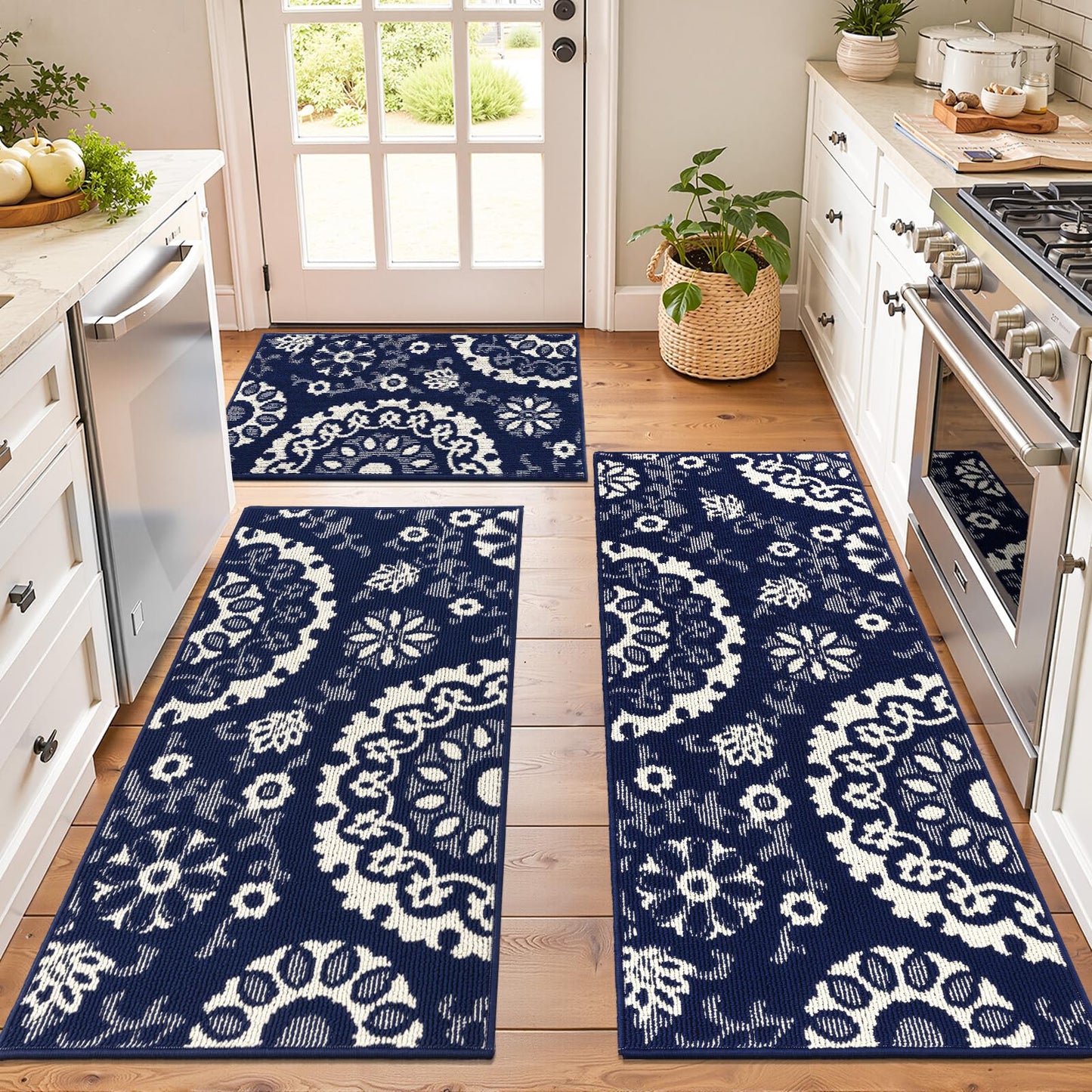 Yamaziot Washable Kitchen Rug Sets of 3, Non Slip Kitchen Mats High-Low Textured Kitchen Runner Rugs Stain Resistant Absorbent Floor Carpet for Hallway, Laundry, Sink (Navy Blue, 2x3+2x4+2x5ft)