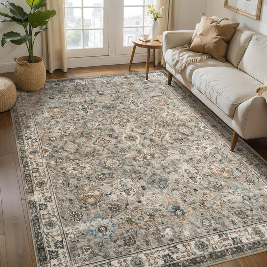 Tangsoo Washable 4x6 Area Rugs Non Slip, Boho Vintage Beige Floral Throw Rug for Entryway, Soft Low Pile Farmhouse Neutral Rug Floor Carpet Indoor Mat for Entrance Office Bedroom Bedside Living Room