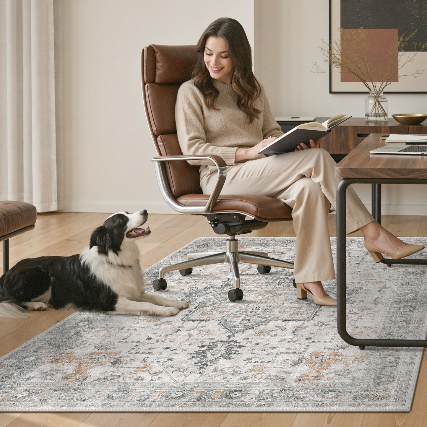 48"x60" Office Chair Mat for Hardwood Tile Floor, Under Desk Carpet Protector for Rolling Computer Chair Mat, Machine Washable Area Rug, Anti-Slip 1/5" Thick Low Pile Thin Vinyl Floor Mat, Taupe