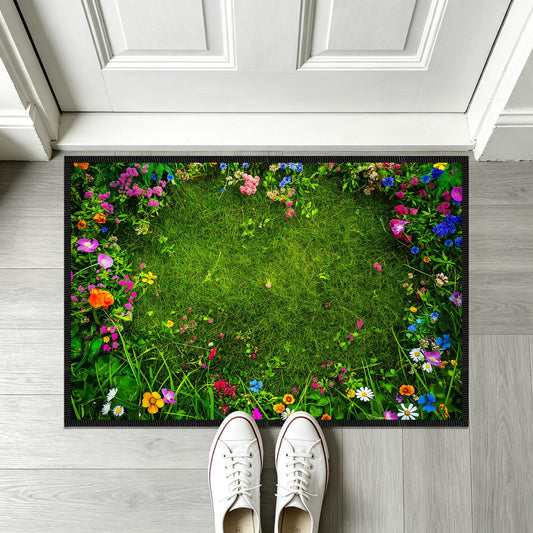 Green Grass Wildflower Door Mat for Indoor Entryway, 23.62 x 15.75 in Durable Faux Cashmere Polyester Rug, Non Slip Welcome Mat for Front Door Bathroom Kitchen