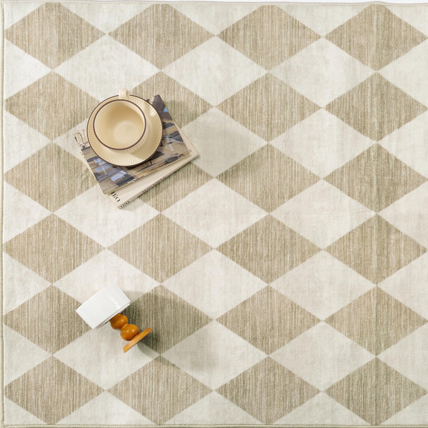 WondRg 5x7 Checkered Beige Area Rug for Living Room Bedroom Washable Soft Modern Non Slip Thin Throw Rug Lightweight Low Pile Neutral Carpet Dining Room Nursery Playroom Office
