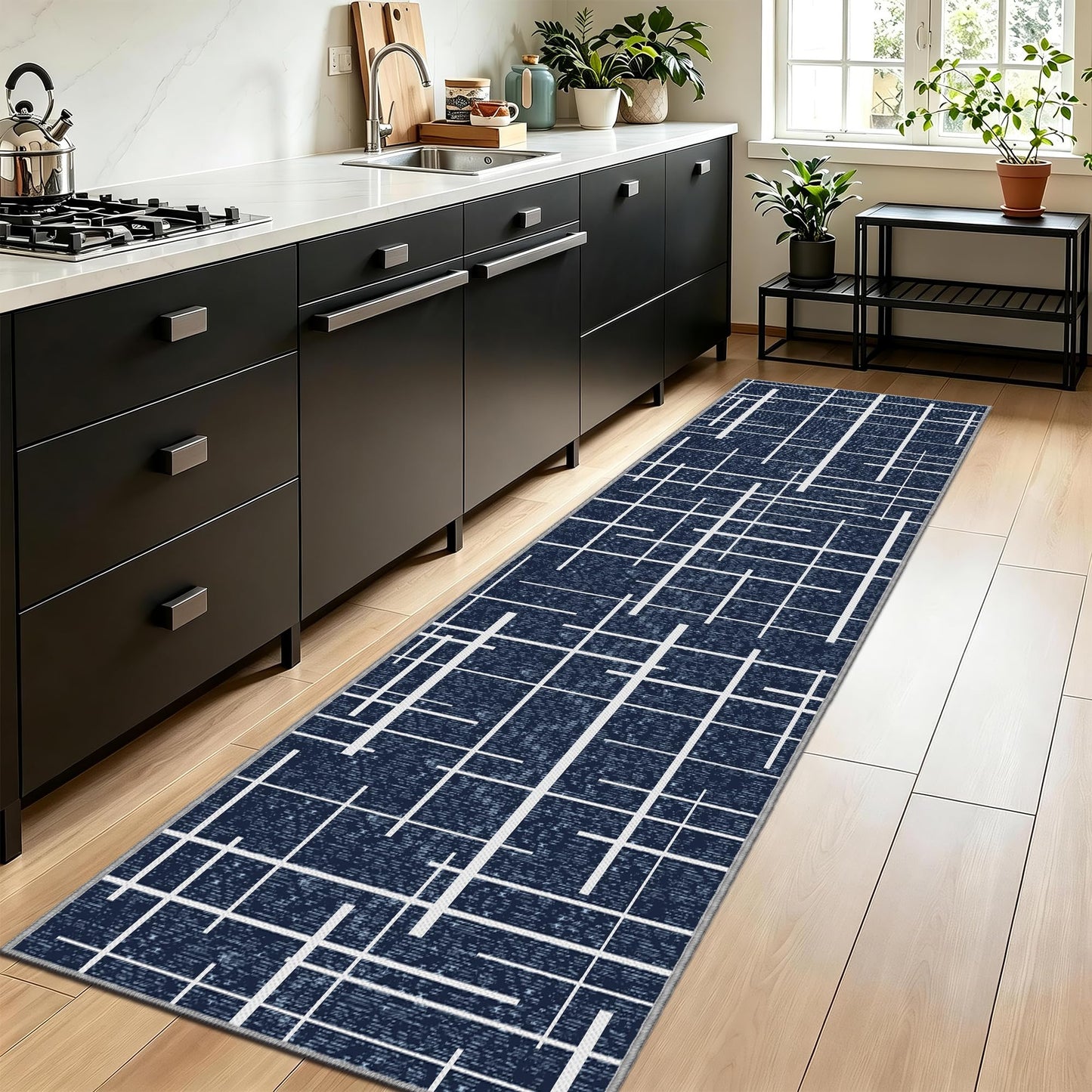 TTelephant Non Slip Hallway Runner Rug 2x10, Blue Modern Distressed Stripe, Washable Long Rug, Woven Thin Low Pile Carpet Runners for Hallway 10ft Entryway, Kitchen, Walkway- Blue