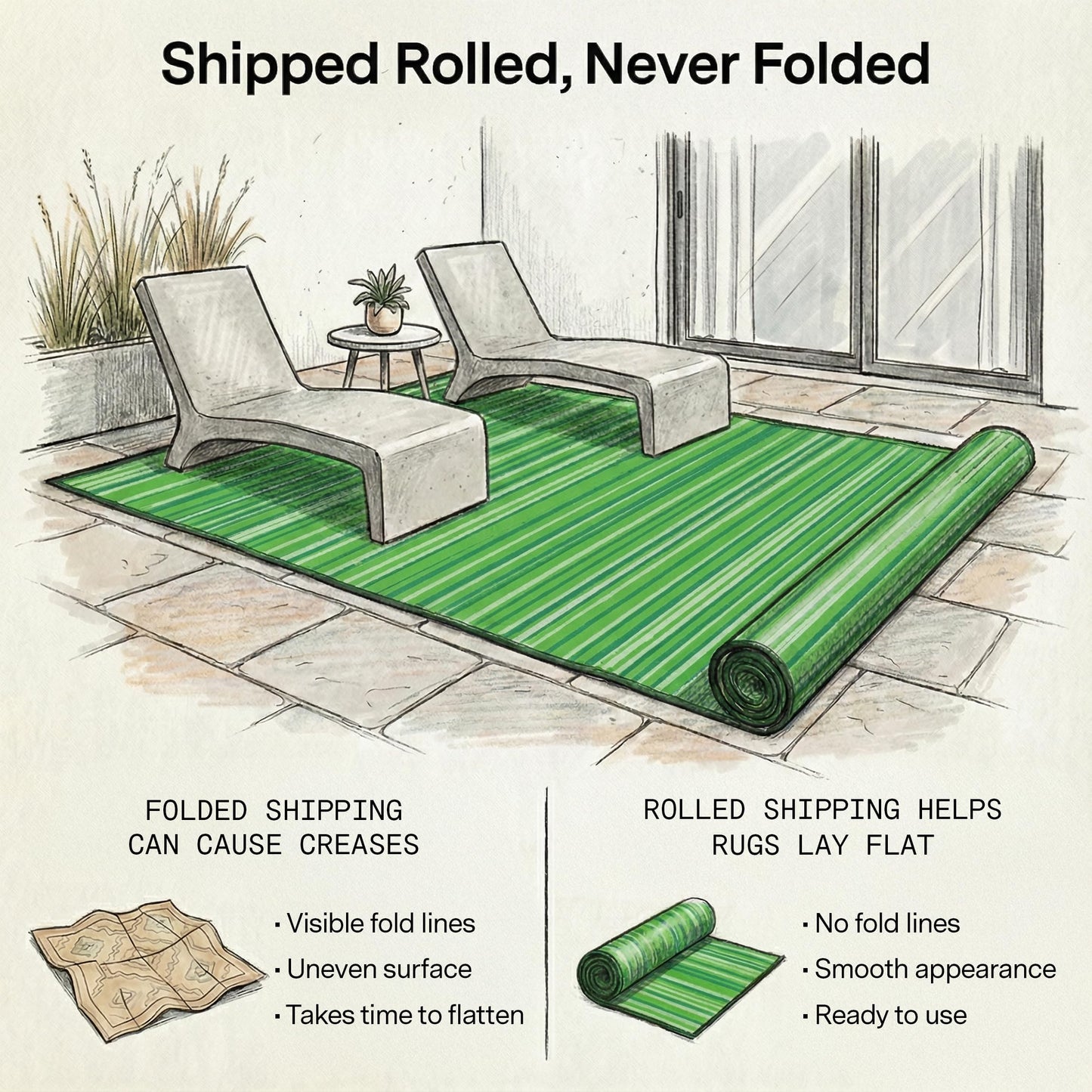 Fab Habitat Outdoor Rug - Waterproof, Fade Resistant, Crease-Free - Premium Recycled Plastic - Striped - Porch, Deck, Balcony, Mudroom, Laundry Room, Patio - Cancun - Green - 3 x 5 ft