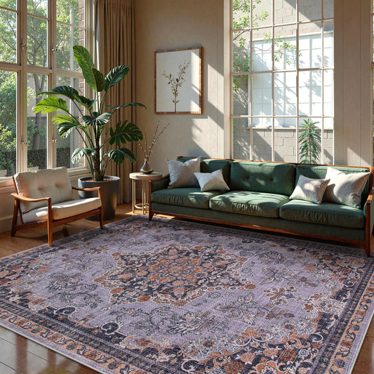 Lahome Oriental Area Rug for Bedroom, Washable 5x7 Purple Rug for Living Room Ultra-Thin Soft Boho Rug for Bedside, No Shedding Vintage Area Rug for Dining Room Office (Purple, 5'x7')