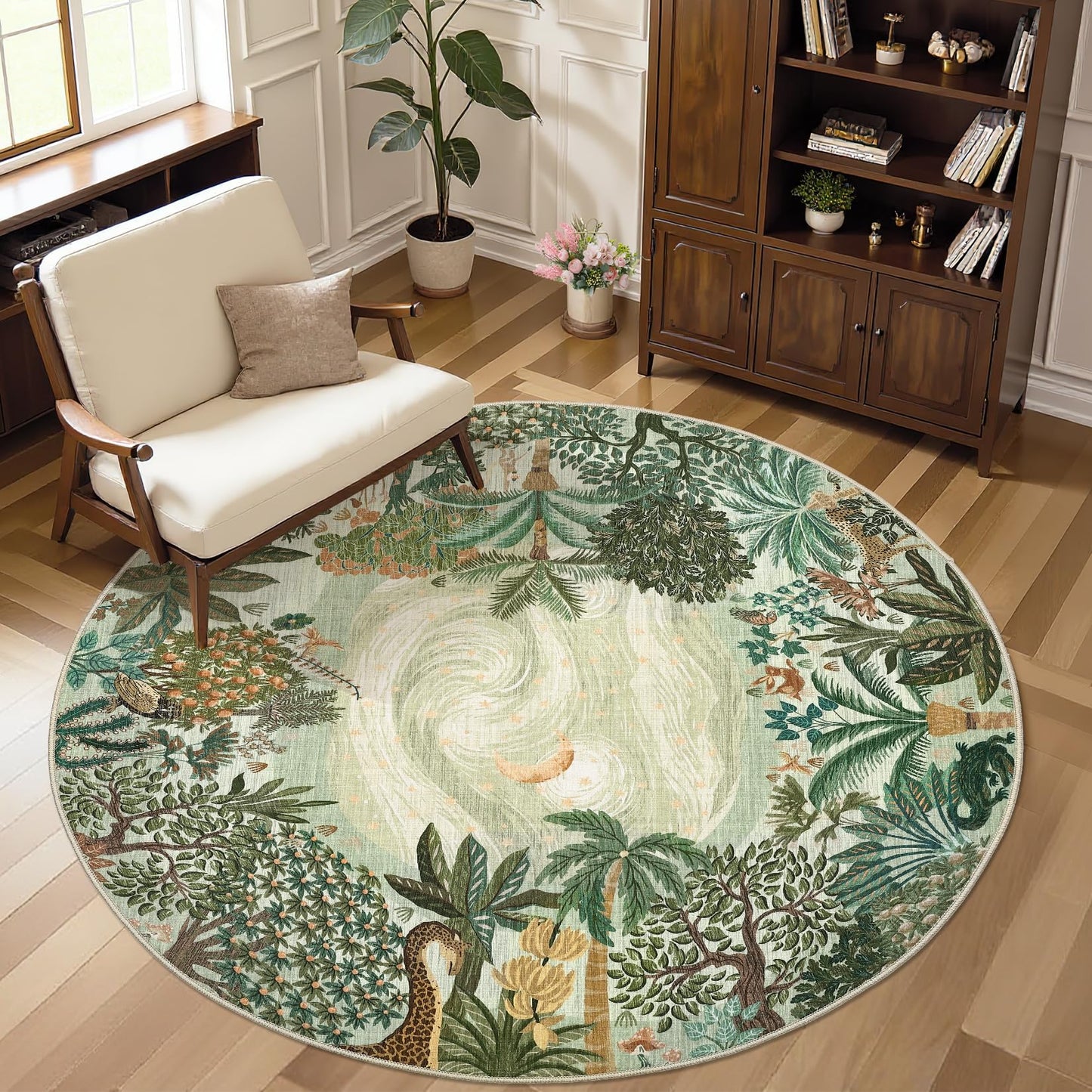 GarveeHome Round Area Rugs 6ft for Bedroom, Green Jungle Washable Circle Rug Soft Non Slip Forest Animal Print Floor Mat Tiger Carpet Indoor Thin Rug for Living Room Dining Room Playroom Nursery
