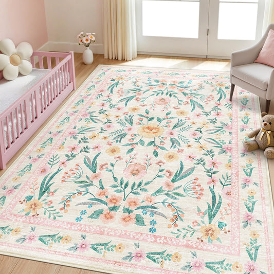 Dadasgk 5x7 Pink Floral Nursery Rug,Pink Rugs for Bedroom Girls,Machine Washable Non Slip Soft Faux Wool Carpet,Cute Boho Indoor Area Rugs for Kids Room or Playroom