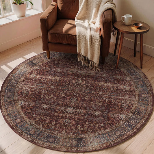 Jainmy Brick Red 5ft Round Washable Rug, Moody Vintage Farmhouse Rustic 5 Feet Circle Rug for Living Room, Low Pile Thin Non Slip 5x5 Round Circular Carpet for Dining Room/Bedroom/Entryway/Foyer