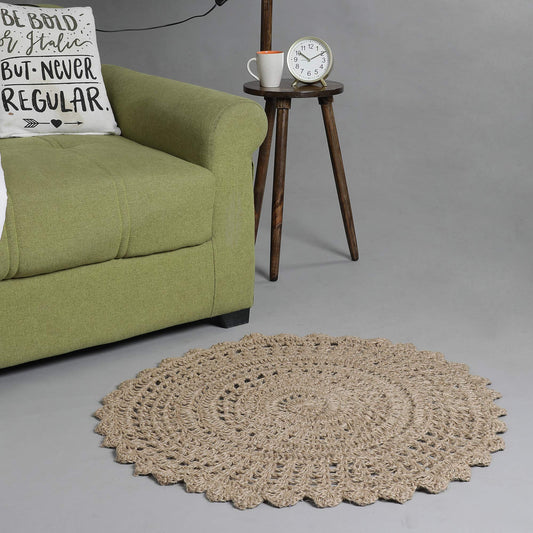 Jute Hand Crochet Rug, Natural - 3 Feet Round, Non Slip Decorative Small Area Rugs for Bedroom, Kitchen, Living Room, Nursery | Farmhouse Accent Scalloped Rustic Door Mat for Patio Décor