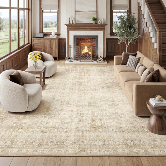 FMFUNCTEX 8x10 Washable Area Rug Beige Neutral Vintage Distressed Oriental Large Non Slip Carpet for Living Room Bedroom Traditional Retro Soft Low Pile Indoor Rugs for Dining Room Office Nursery