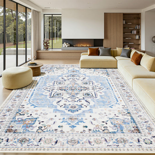4x6 Washable Area Rug for Living Room, Carpet for Bedroom, Soft Faux Wool Retro Dining Room Rug, Non Slip&Non-Shedding Resistant Low Pile Vintage Print Rug for Home Office (White/Blue)