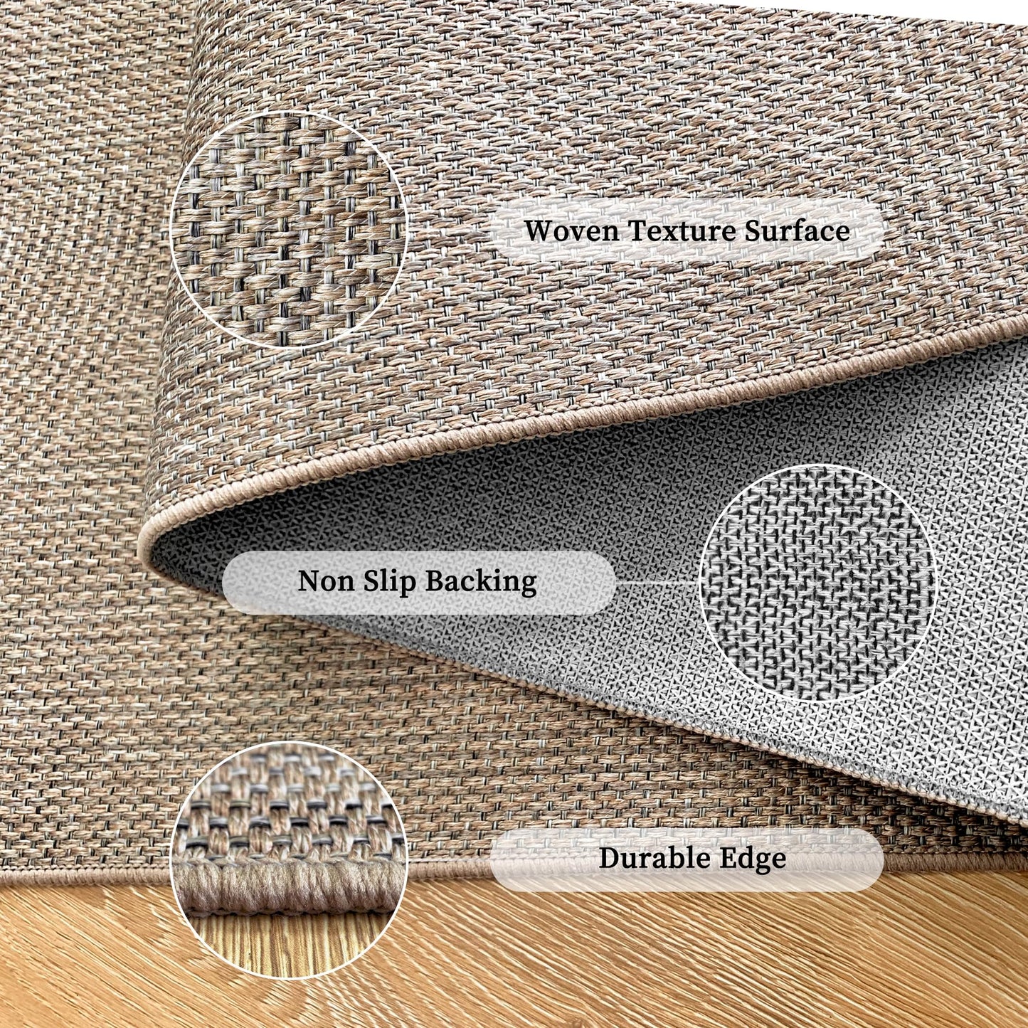 Easy Jute Rug 3x5 Outdoor: Natural Area Rugs for Patio Linen-Look Fabric Durable - Neutral Washable Carpet Mat for Entryway Bedroom Kitchen Non-Slip - Swirl Curved Pattern