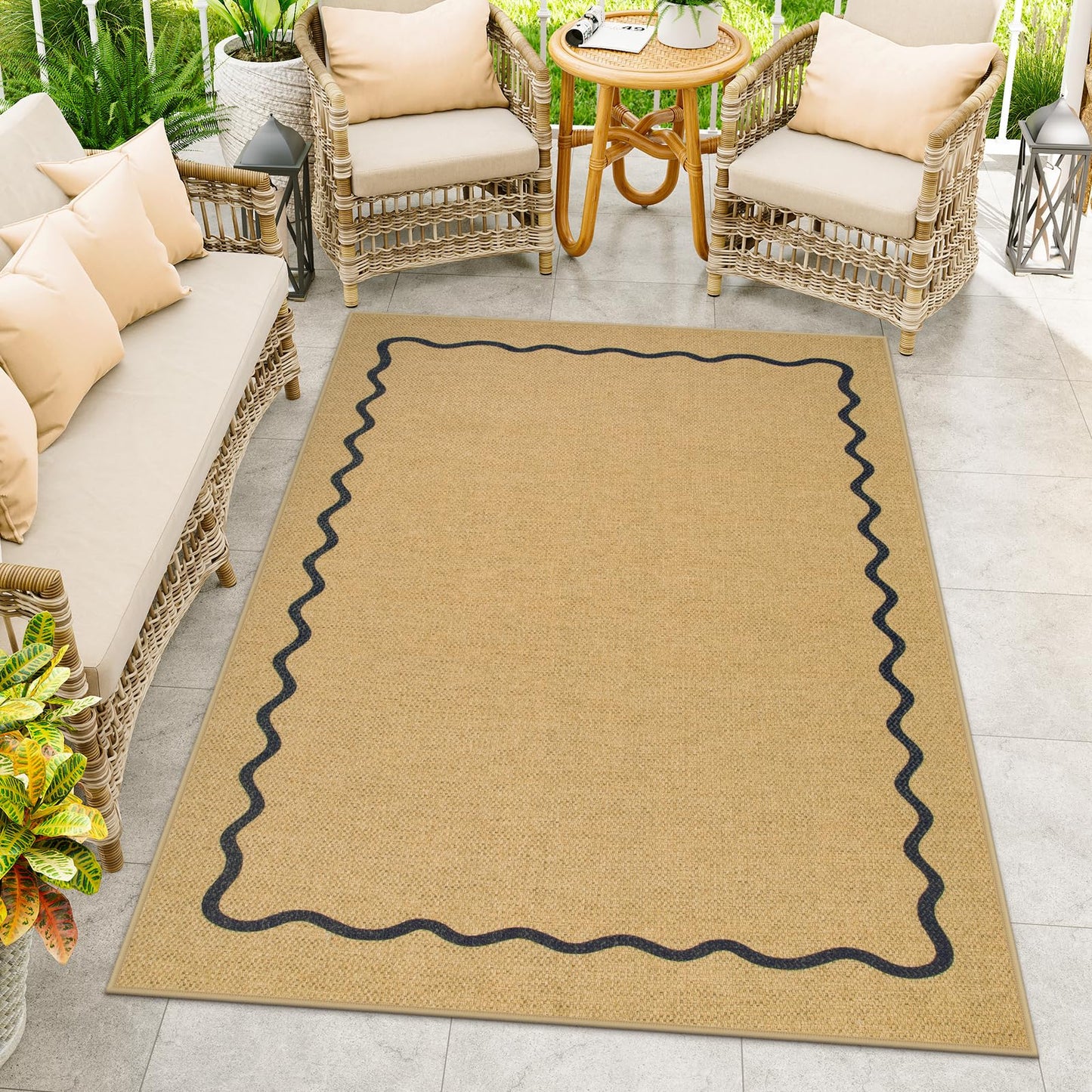 Sungea Outdoor Patio Rug 5x7 Washable Easy Jute Rug, Non-Skid Scalloped Geometric Floor Mats for Living Room, Neutral Modern Foldable Low-Pile Minimalism Carpet for Bedroom Backyard Home Decor