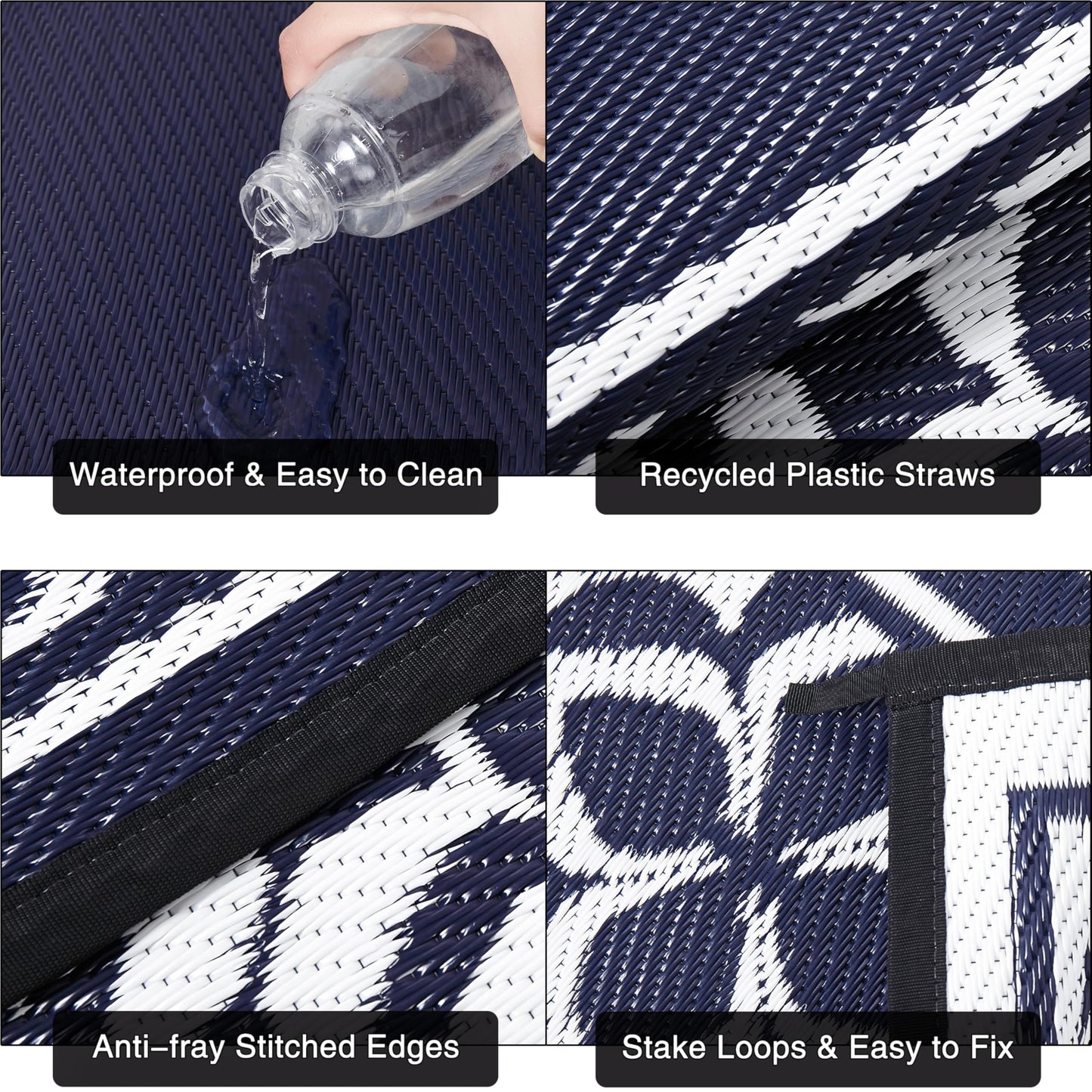 PureCozy Outdoor Plastic Straw Rug Navy Blue Large Outside Waterproof Outdoor Patio 8x10 Carpet Geometric Reversible Mat Modern for Camping RV Porch Deck Balcony Beach