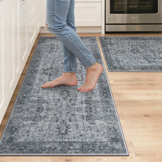 GENIMO Kitchen Rugs Non Slip Washable, 2PCS Kitchen Mats for Floor, Cushioned Standing Mat, Kitchen Runner Rug Floor Mat for Kitchen Decor, Laundry, Sink, Home, 20"x32"+20"x48", Vintage Grey