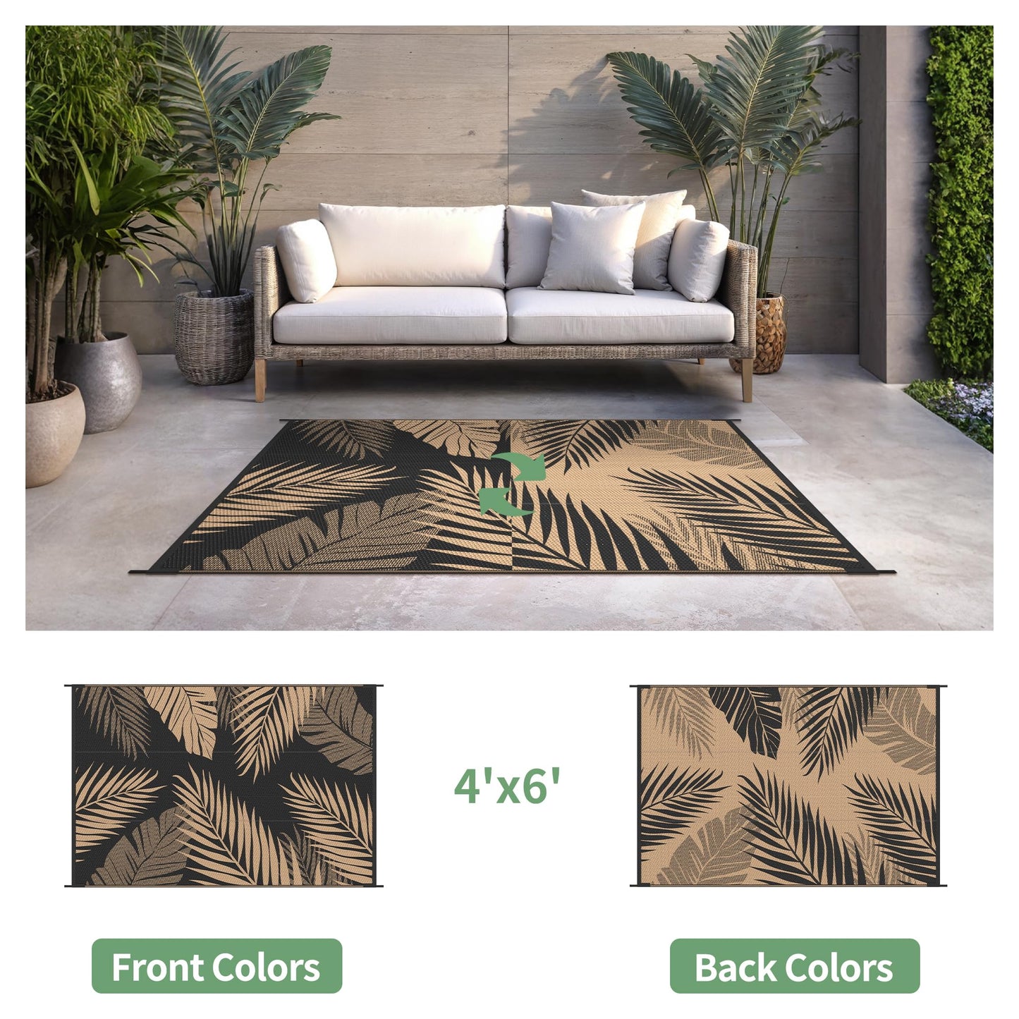 sarben Outdoor Rug 4' x 6' Waterproof for Patios Clearance, Reversible Plastic Straw Indoor Outdoor Rug for RV, Picnic, Backyard, Deck, Balcony, Porch, Beach, Black and Brown