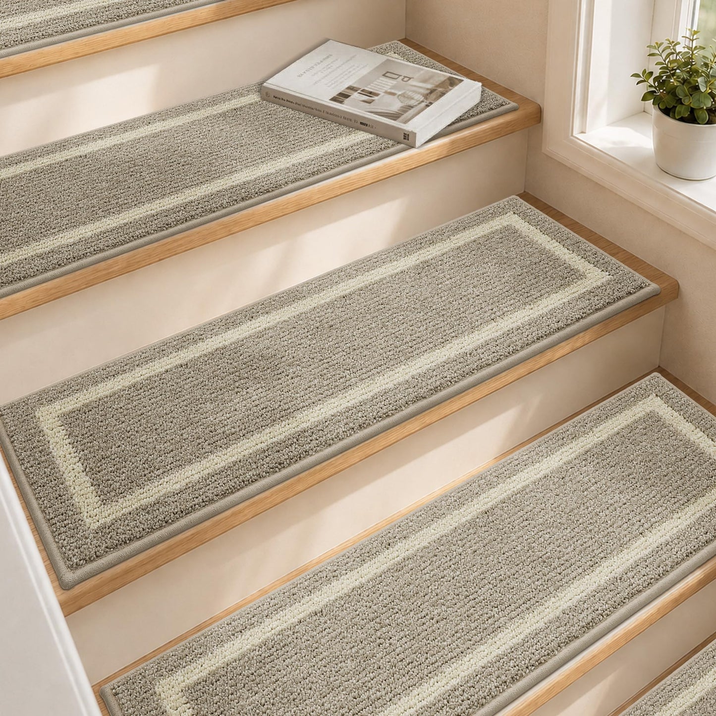 COSY HOMEER Soft Stair Treads 15pcs Non-Slip Carpet Mat 28inX9in Indoor Stair Runners for Wooden Steps,Stair Rugs for Kids and Dogs, 100% Polyester TPE Backing Beige