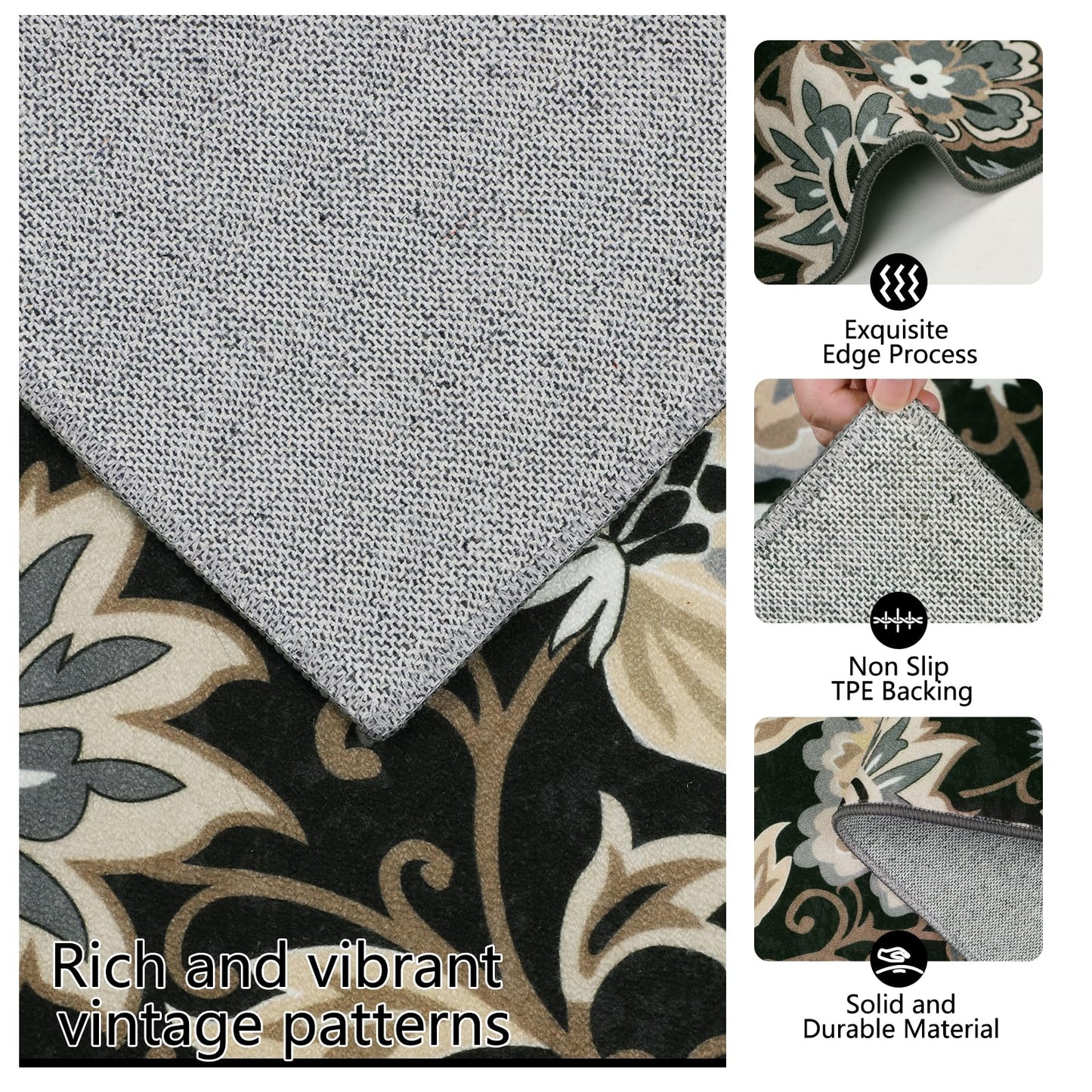 Homcomoda Boho 3 Piece Rug Set with Runner - Non Slip Floor Mats, Washable Kitchen Carpet Runner for Laundry, Hallway