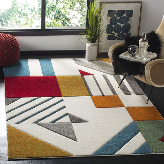 SAFAVIEH Hollywood Collection Area Rug - 5'3" x 7'6", Ivory & Peacock Blue, Mid-Century Modern Design, Non-Shedding & Easy Care, Ideal for High Traffic Areas in Living Room, Bedroom (HLW709B)