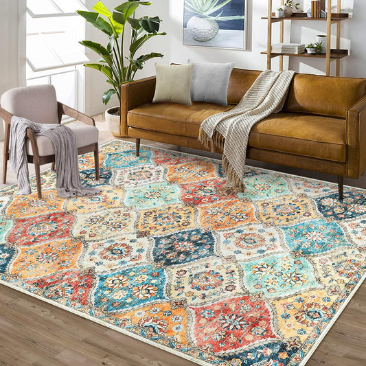 ROYHOME Area Rug 5x7 Moroccan Trellis Machine Washable Rug Vintage Medallion Distressed Carpet Stain Resistant Non-Slip Accent Rug Coffee Table Floor Cover Farmhouse Dining Bedroom Decor, Cream