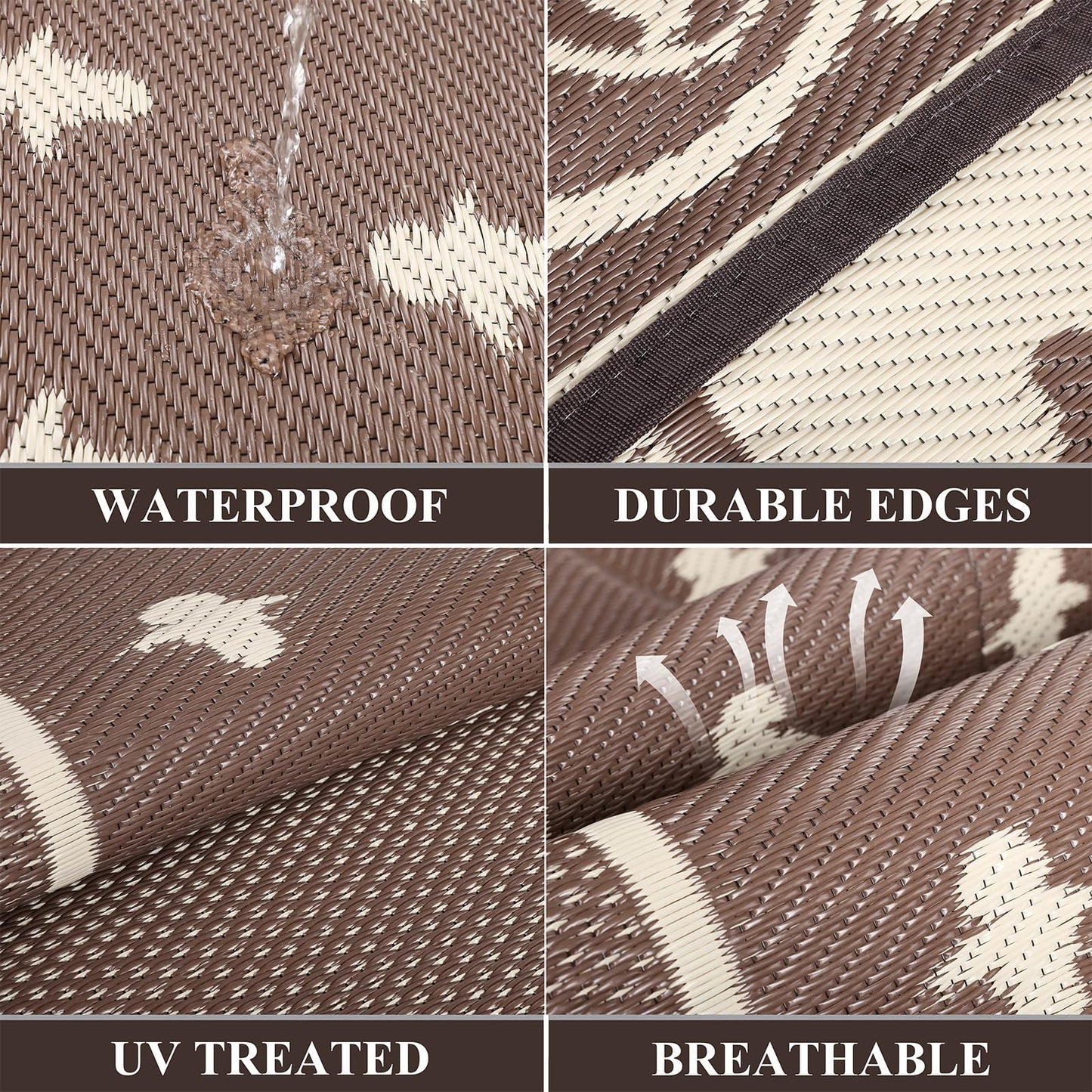 Pauwer Waterproof Outdoor Rug 8x10, Reversible Plastic Straw Patio Camping Rug, Indoor Outdoor RV Mat Carpet for Deck, Camper, Porch, Balcony, Backyard, Picnic, Bordered Brown