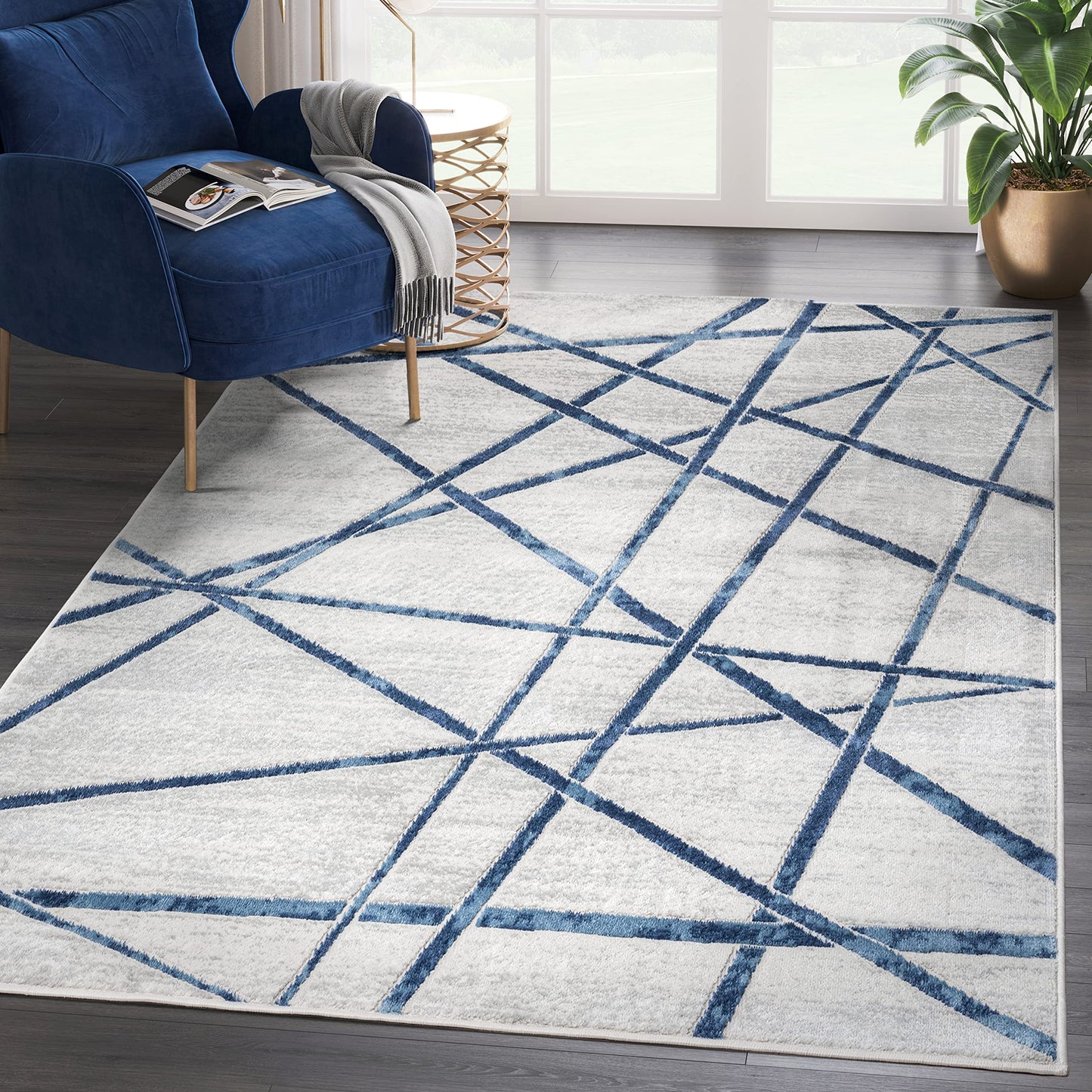 Abani Atlas 5'x8' Blue/Grey Area Rug, Criss Cross Design - Durable Non-Shedding - Easy to Clean