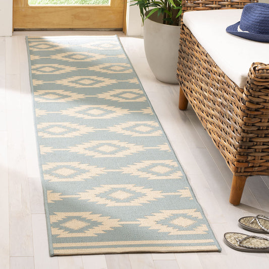 SAFAVIEH Washable Rug Outdoor Linden Collection - 2'2" x 8' Runner, Cream & Aqua, Non-Shedding & Easy to Clean, Ideal for Patio, Backyard, Mudroom (LND171L)