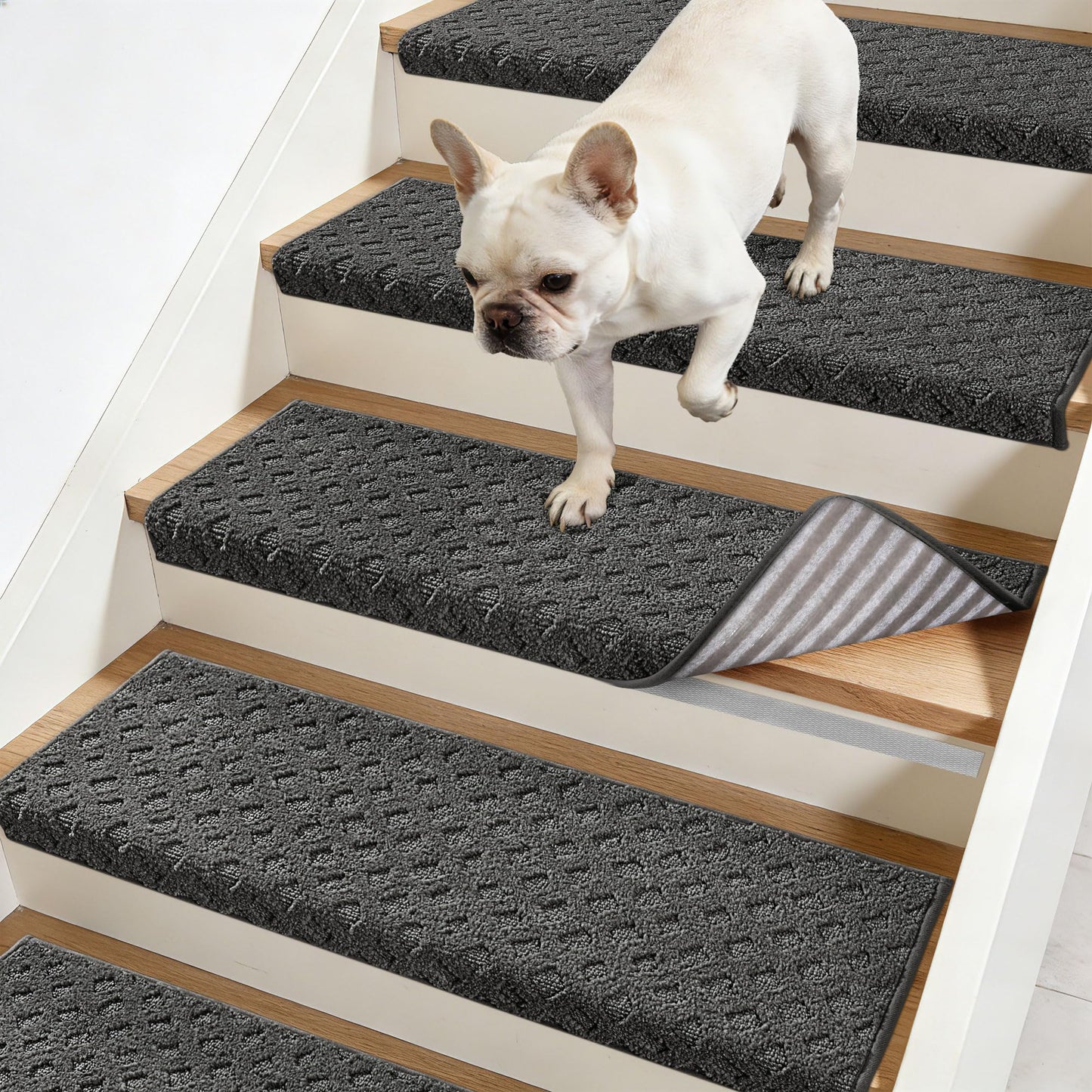 JSEI Bullnose Carpet Stair Treads, 14 Pcs Non Slip Stair Treads for Wooden Steps Indoor with TPE Backing, 11" x 30" Machine Washable Stair Runners with Edge Protection for Kids and Elders, Dark Grey