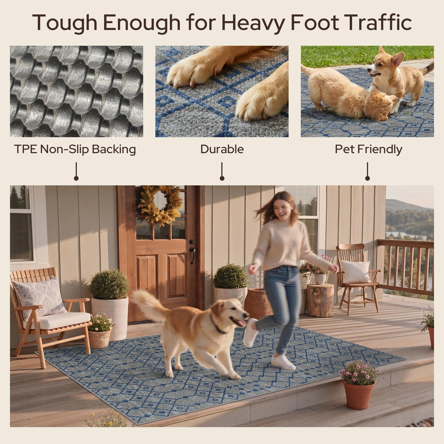 GENIMO Indoor Outdoor Area Rug 5X8, Non-Shedding, Machine Washable Mat for Patio, Balcony, Deck, Slate Grey