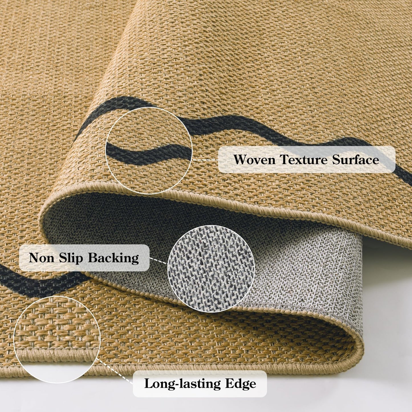 Sungea Outdoor Patio Rug 5x7 Washable Easy Jute Rug, Non-Skid Scalloped Geometric Floor Mats for Living Room, Neutral Modern Foldable Low-Pile Minimalism Carpet for Bedroom Backyard Home Decor