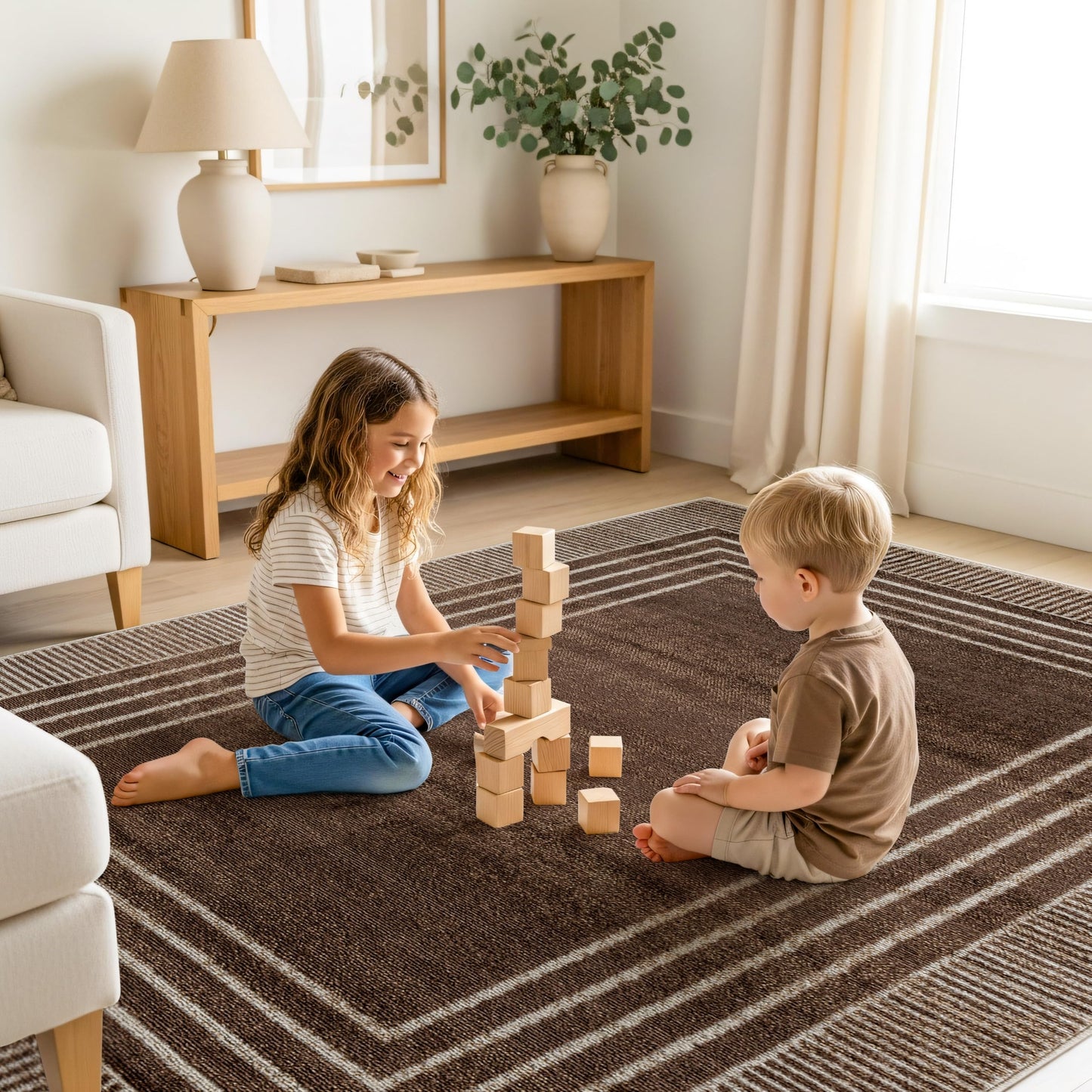 Rugshop Contemporary Geometric Bordered Indoor Area Rug for Living Room,Bedroom,Kitchen Rug Low Pile Rug with Jute Backing 7' 10" x 10' Brown