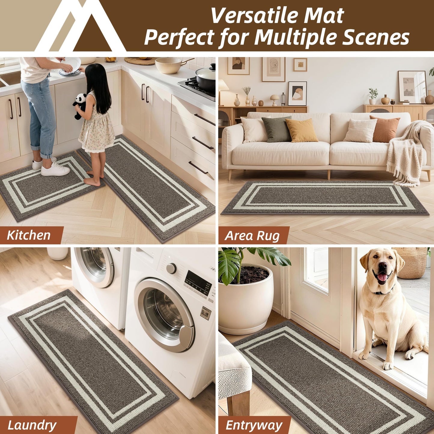 COSY HOMEER Kitchen Rugs Non-Slip 24x35/24x60 Inch Thick Polypropylene Standing Mat for Home Machine Washable, Brown Frame