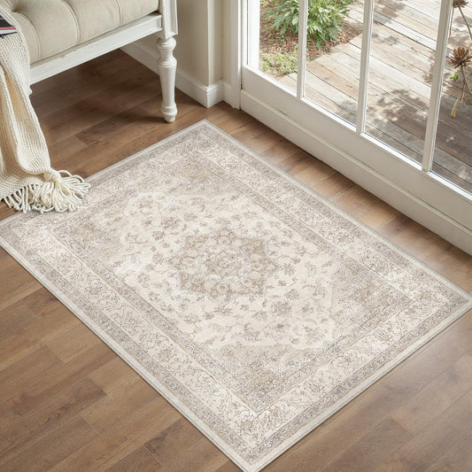 PureCozy Beige Area Rug 2x3 Washable Vintage Small Carpet for Entryway Kitchen Soft Retro Low Pile Thin Door Mat Non Slip Oriental Medallion Throw Rug for Bathroom Office Bedroom Dining Room