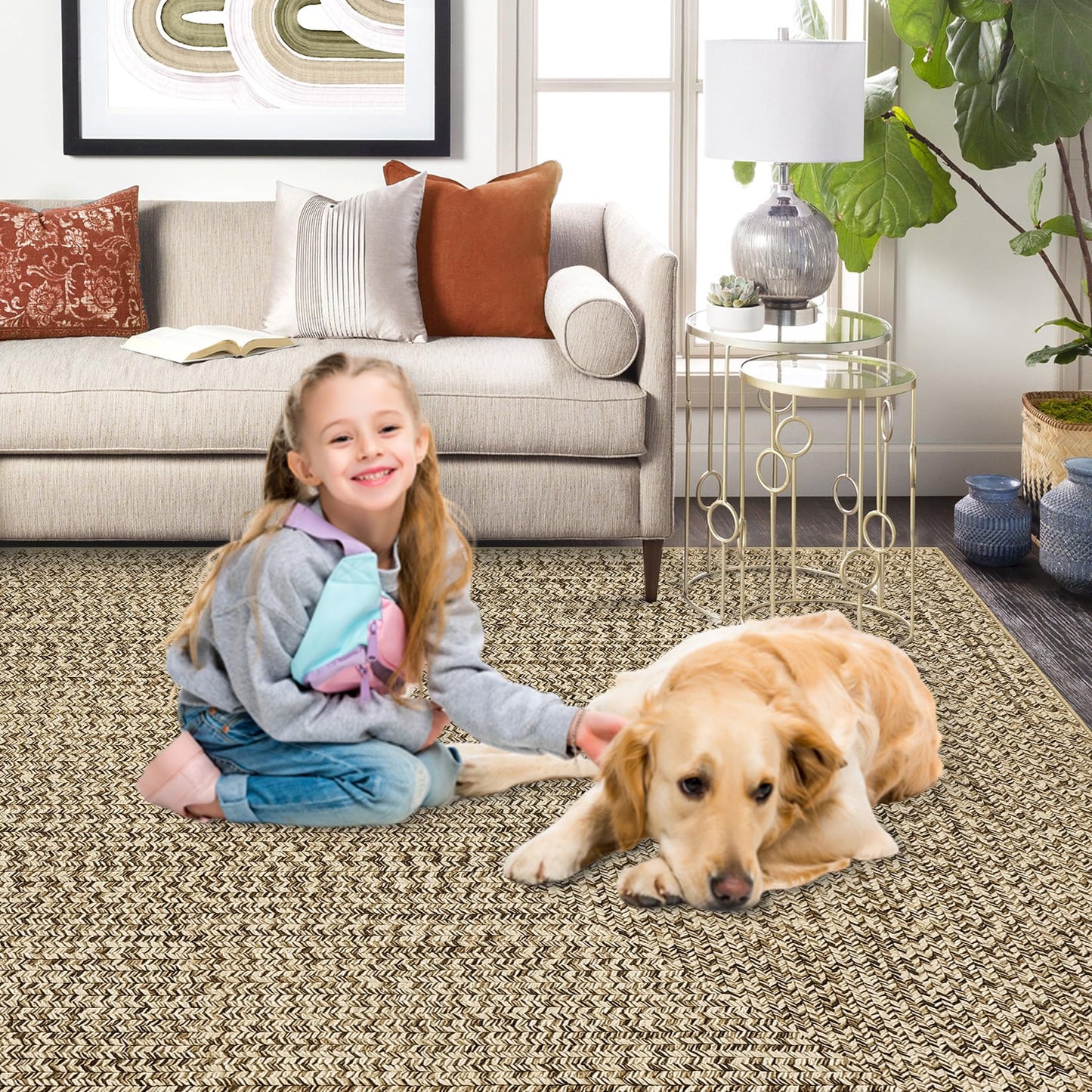 ROYHOME Washable Area Rug 5x7 Print Braided Machine Washable Rug Solid Printed Textured Carpet Stain Resistant Non-Slip Farmhouse Floor Cover for Living Room Dining Bedroom Decor, Linen