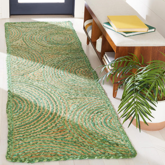 SAFAVIEH Cape Cod Collection Runner Rug - 2'3" x 8', Green & Natural, Handmade Boho Braided Circles Jute & Cotton, Ideal for High Traffic Areas in Living Room, Bedroom (CAP203Y)