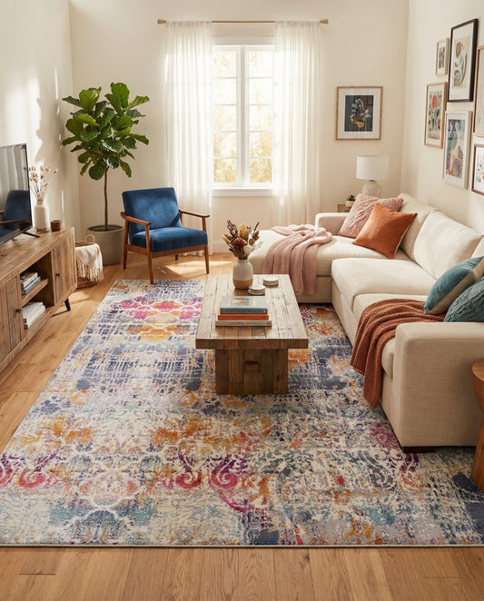 Rugs.com - Malibu Rug – 8' x 9' 10 Multi Stain-Resistant Area Rug – Retro Distressed Design for Living Rooms, Bedrooms, and Home Offices