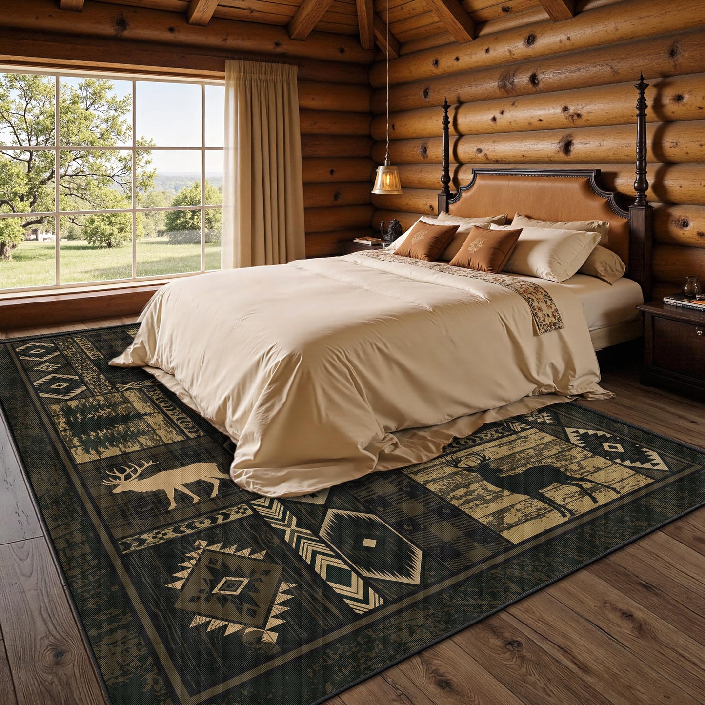 Rustic Cabin Living Room Rug 5x7, Washable Upgrade Non-Slip Animal Bear Deer Wildlife Print Pattern Area Rugs Low Pile Ultra-Thin Lodge Hunting Carpet for Bedroom, Dining Room, Office, Walnut Brown