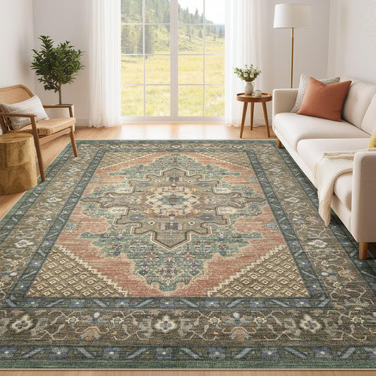 Tortania Area Rug Living Room Rugs - 5x7 Washable Boho Rug Vintage Oriental Distressed Farmhouse Large Thin Indoor Carpet for Living Room Bedroom Under Dining Table Home Office - Sage Terracotta