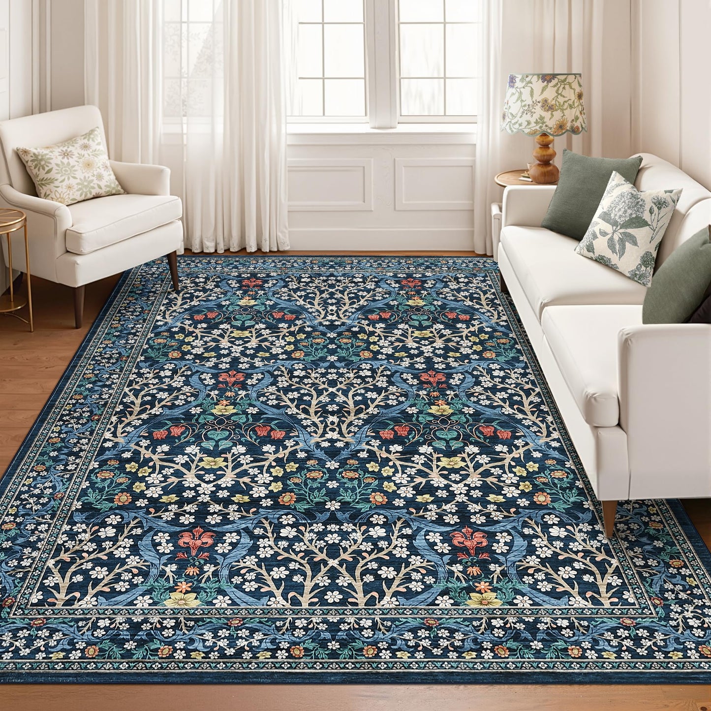 GarveeHome 8x10 Area Rugs, Washable Rugs for Living Room Non Slip Stain Resistant Ultra Soft Floral Rug, Boho Carpet Floor Mat for Bedroom Dining Room Nursery Playroom Office, Dark Blue