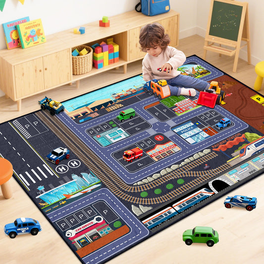 Ekpvgit Car Road Kids Rug Carpet Playmat 5x7 - Car Rugs for Kids Boys, Boys Educational City Traffic Build Play Mat, Washable Non-Slip City Traffic Road Kid Rug for Playroom Bedroom Classroom Nursery