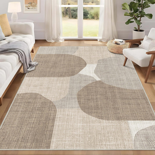 Castage 5x7 Area Rugs Modern Washable Rug for Living Room Bedroom,Large Boho Abstract Geometric Non Slip Carpet for Office Dining Room Farmhouse,Beige