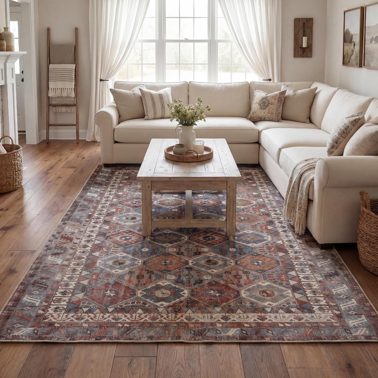 Kuden 6x9 Area Rug, Machine Washable Area Rug with Non-Slip Backing, Vintage Style, Soft, Easy Clean, Low Pile Rug for Living Room, Bedroom, Dining Room
