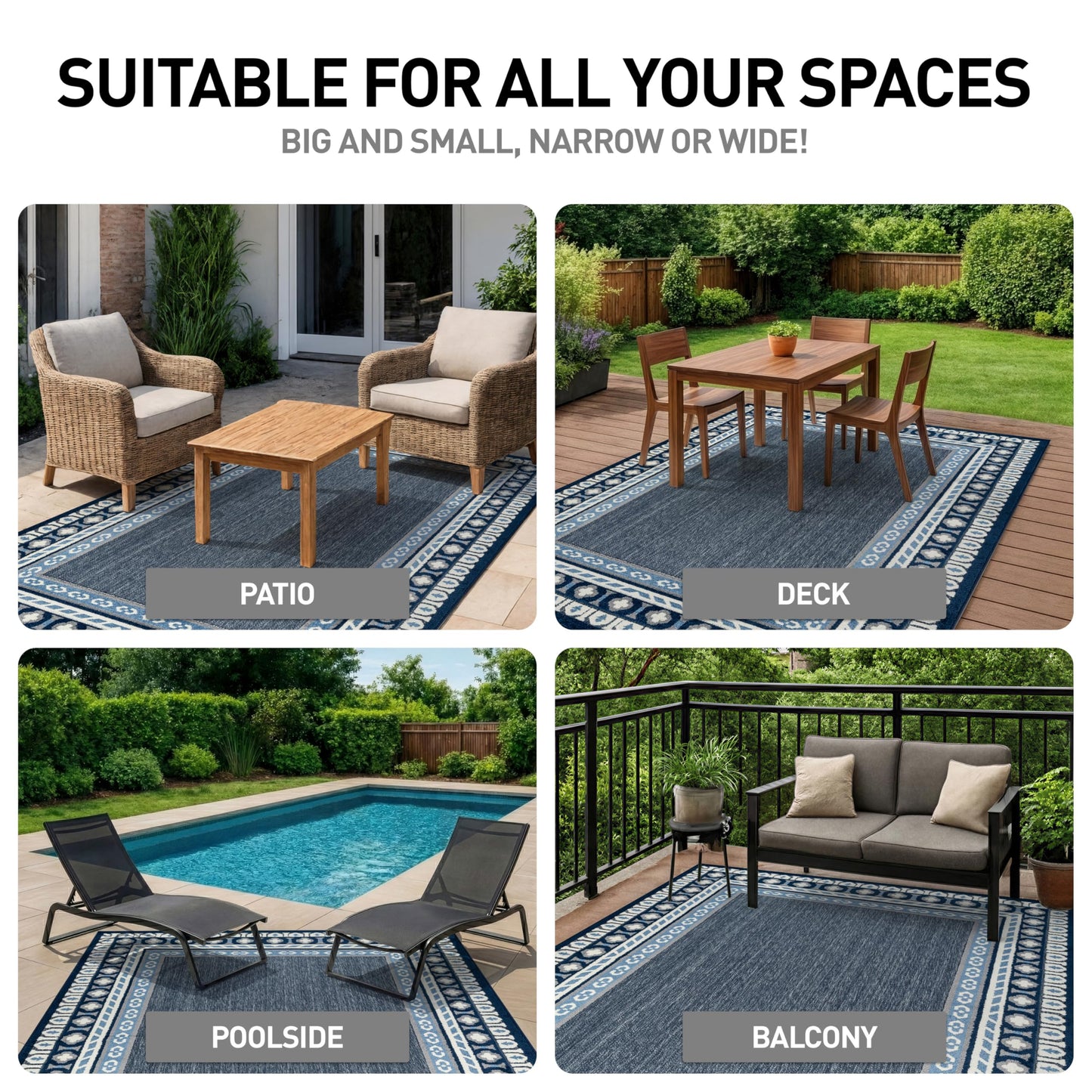 Rugshop Indoor/Outdoor High-Low Textured Area Rug, Coastal Border, Easy-Clean Patio Rug for Porch Deck Balcony 7' 10" x 10' Navy