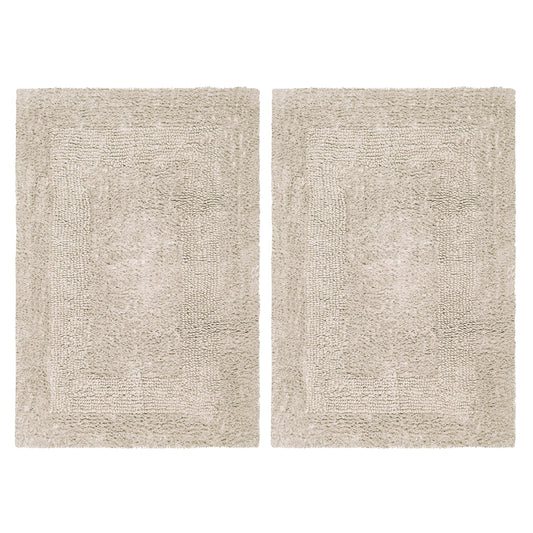 COTTON CRAFT Luxurious Bath Mat Rug - Set of 2 Reversible Heavyweight Step Out Bath Mats for Bathroom Floor, Tub and Shower - Pure Cotton Soft Plush Absorbent Tufted Racetrack Mat - 17x24 inch - Linen