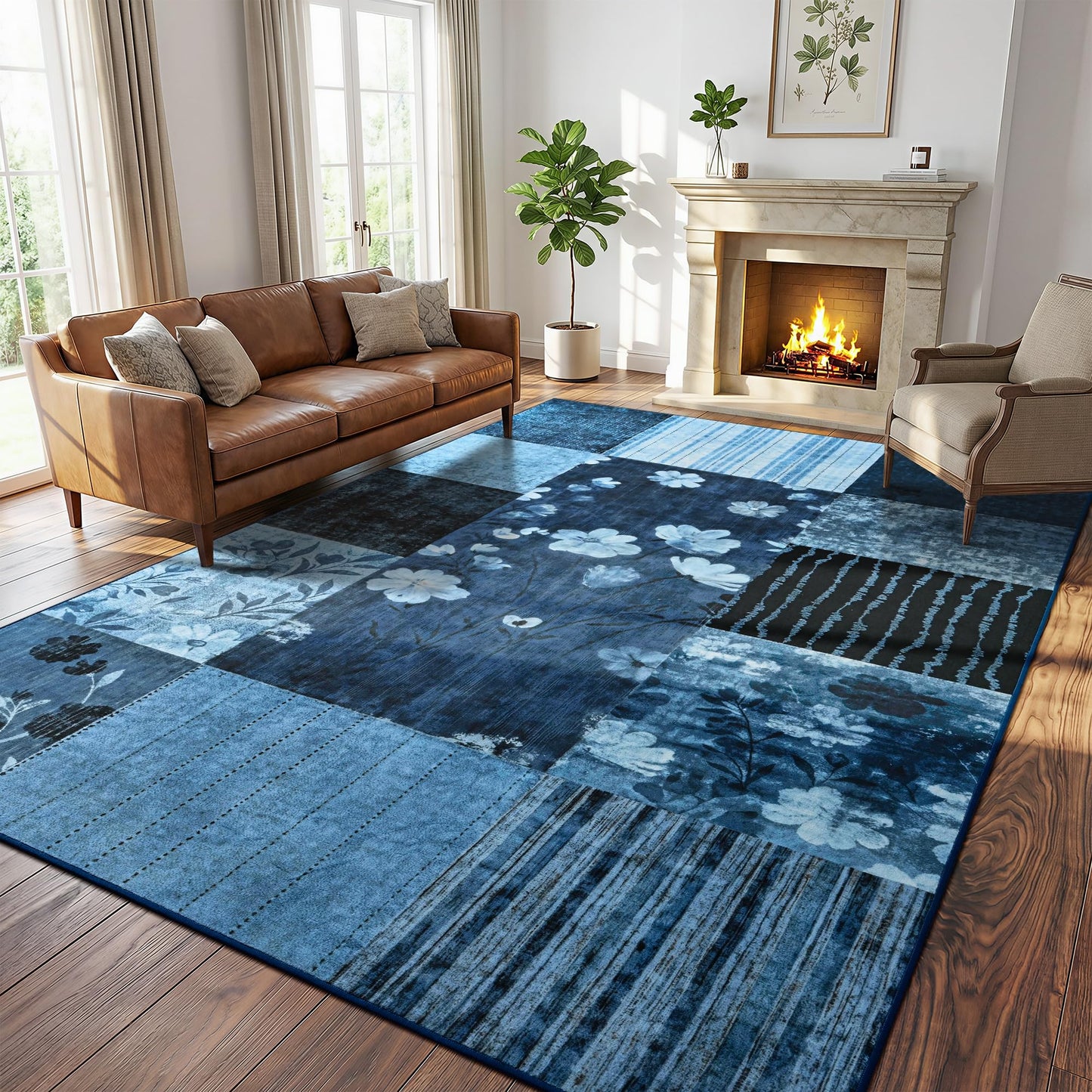 FALARK 6x9 Area Rug for Living Room, Modern Geometric Patchwork Large Rug, Washable Non-Slip Indoor Low Pile Carpet for Bedroom Dining Room Office Playroom Home Dorm Decor, Blue