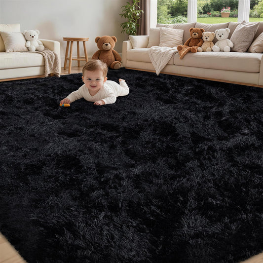 8x10 Area Rug for Living Room:Ultra Soft Fluffy Shag Black Rugs,Large Fuzzy Plush Indoor Non Slip Carpet Washable Rug for Bedroom Kids Nursery Office Dorm Modern Decor(Black)