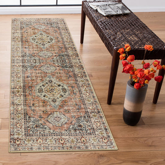 Lahome Oriental Washable Rug Runners for Hallways, 2x5 Kitchen Runner Rug Non Slip with Rubber Backing Ultra-Thin Vintage Carpet for Bedroom Bathroom Eleanor, Peach/Orange
