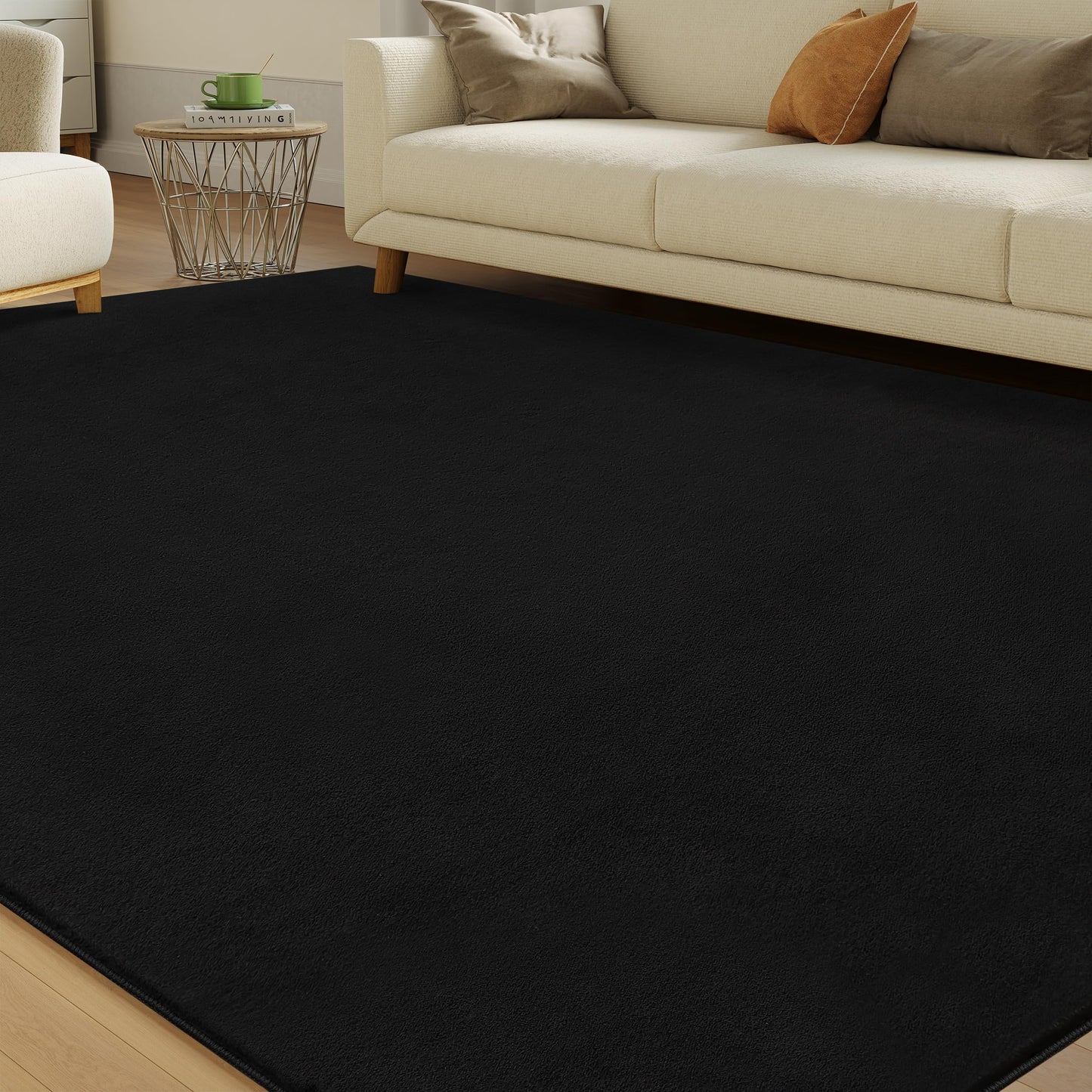 CASTLYE Solid Washable Area Rug - 6x9 Medium Pile Faux Cashmere Carpet for Living Room Bedroom, Black