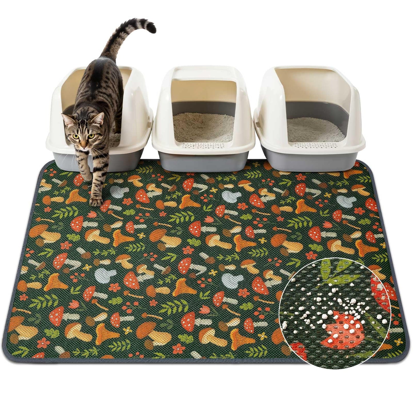 Unicorn Catcher 40X30in Cat Litter Mat Machine Washable Soft 3D Air Mesh Litter Box Rug Non-Slip Backing Quick Dry Scatter Control for Paws,Green Mushrooms